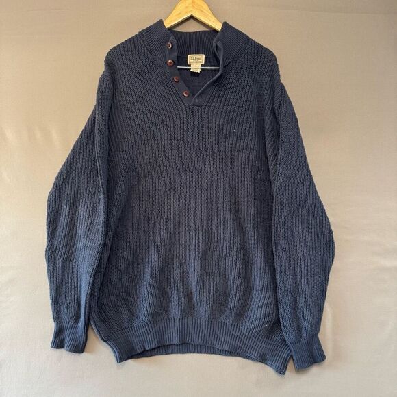 L.L. Bean Men’s Blue Ribbed Heavy 1/4 Button Sweater Size XL Tall 100% Cotton - Picture 1 of 12